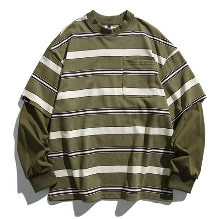 

2024 spring new Japanese outdoor stripes fake two crew-neck top trend patchwork hoodie men size 2XL