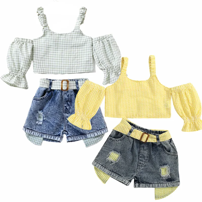 

Модная летняя одежда для девочек, костюмы для маленьких девочек, клетчатая футболка, короткий топ, джинсовые шорты с поясом, детская одежда, шикарная детская одежда