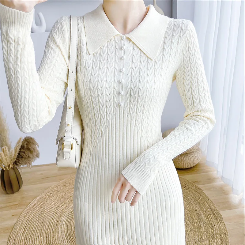 Ribbed Autumn Knit Long Dress For Women Fashion High Waist Elegant Solid Long Sleeve Dress Lapel Loose Knitwear Maxi Dress