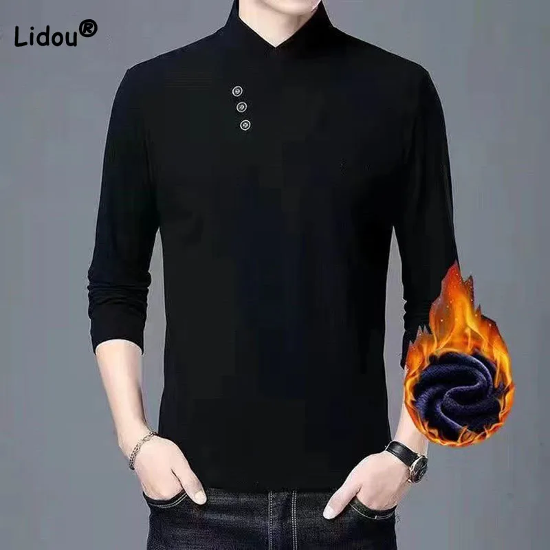 

Autumn Winter Casual Trend Solid Color Thick T-shirt Male Clothes Slim Simplicity Men's Long Sleeve All-match Pullovers Tops