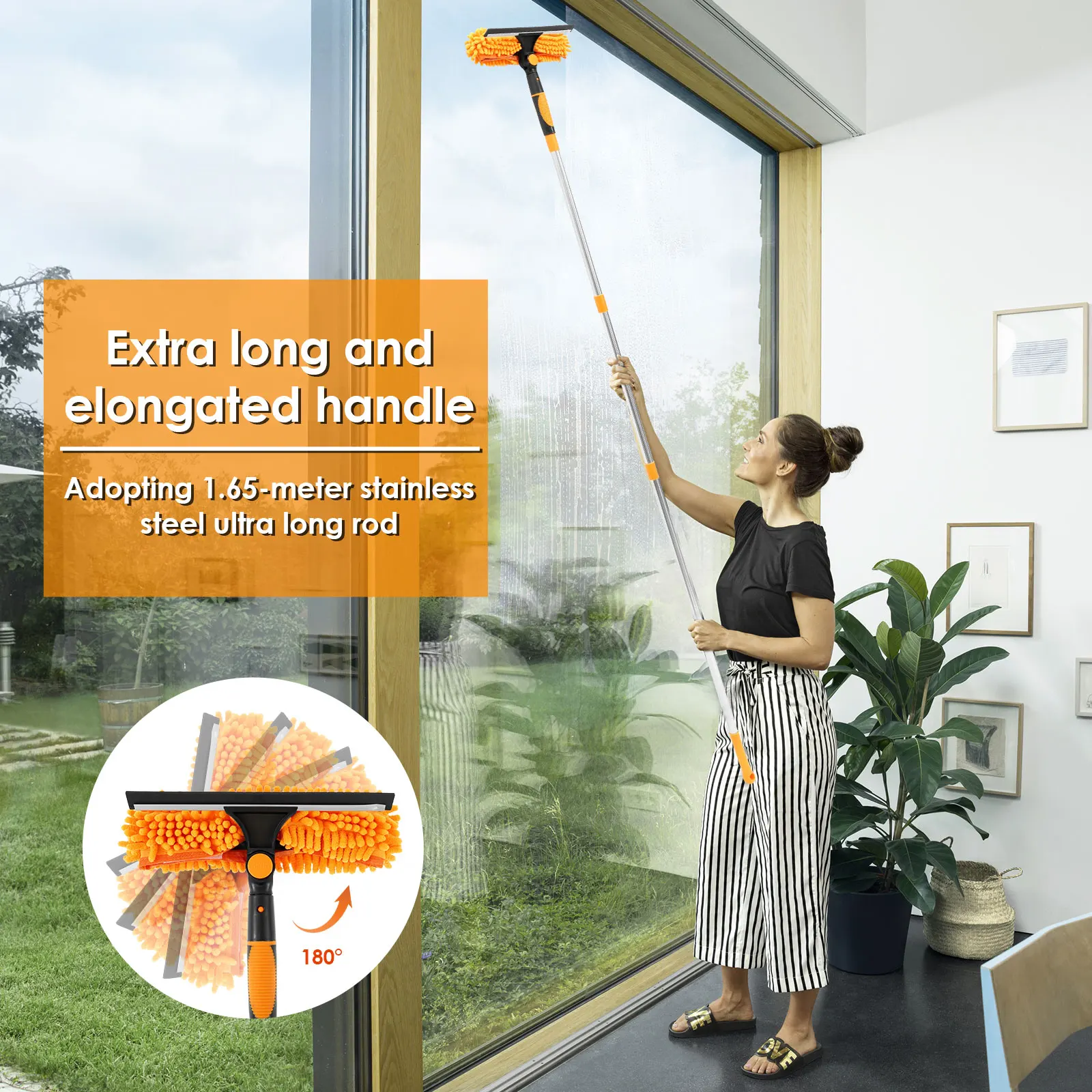 New 190CM Extended Window Cleaning Kit 2 in 1 Double Sided Glass Squeegee Cleaner Duster Mop 180° Swivel Window Cleaning Tools