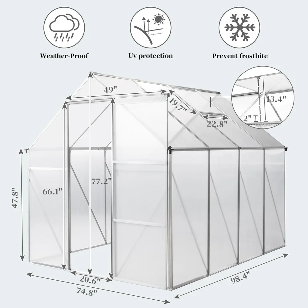 6x8 FT with 5 Roof Vents, Aluminum Large Walk-in Greenhouse for Outside Garden Backyard, Greenhouses 4
