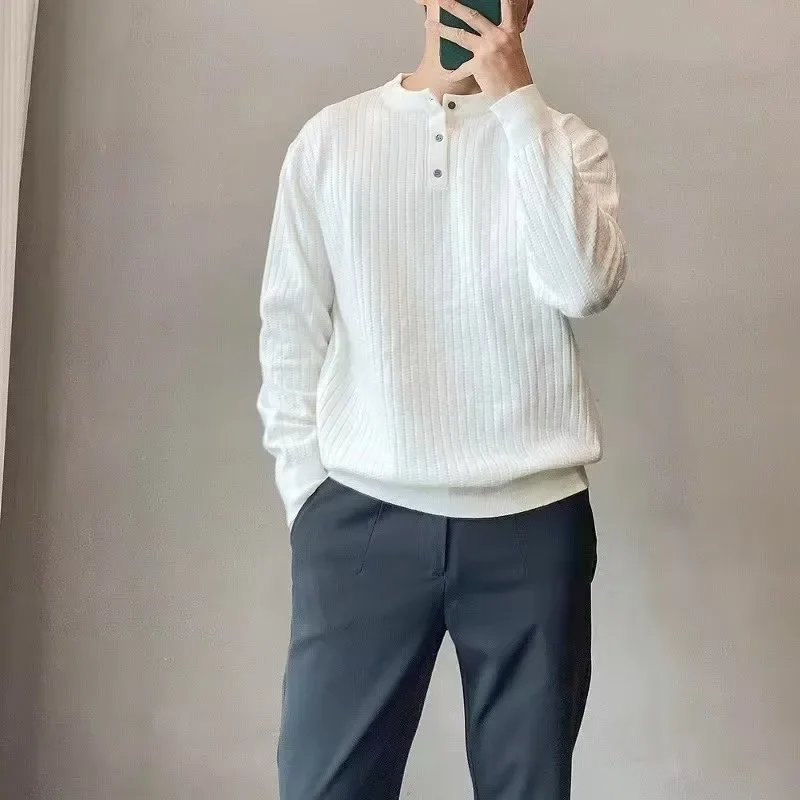 

Bottom Knit Sweater Men's Light Mature Business Casual Spring and Fall Thin Section Loose Half Open Button Round Neck Sweater