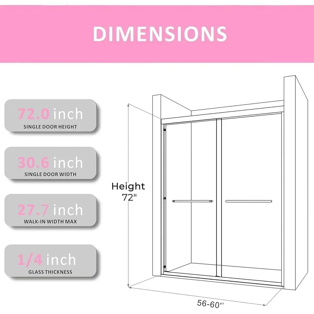 Shower Door 56-60 in W X 72 in H, Black Sliding Shower Glass Door Adjustable Semi Frameless Doors