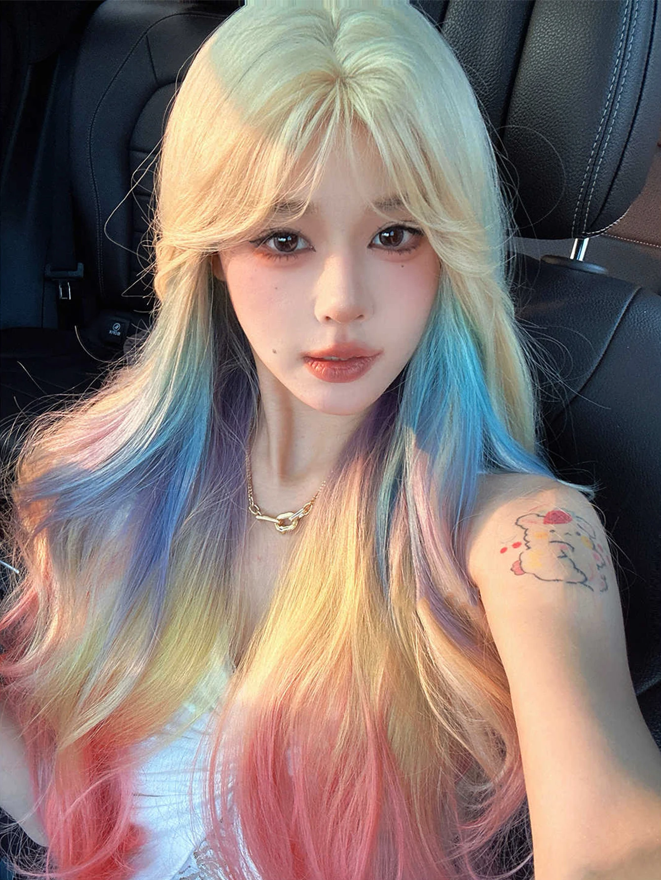 Synthetic Rainbow Ombre Wig with Bangs for Women