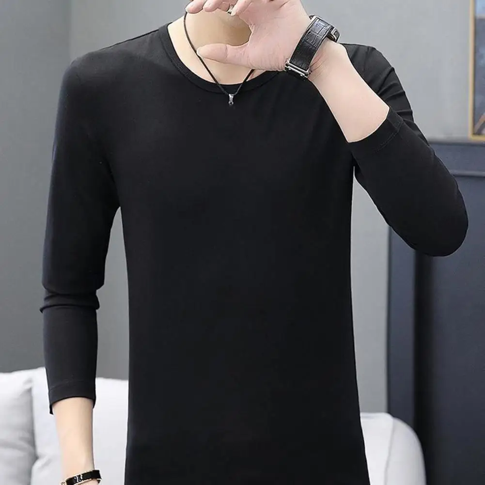 Men Winter Base Top Round Neck Long Sleeve Solid Color Plus Size Soft Plush Elastic Pullover Warm Bottoming T-shirt