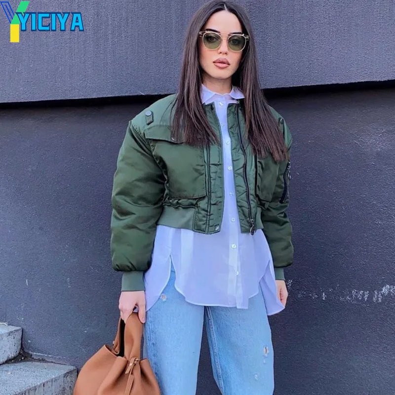 

YICIYA Bomber Jackets Women Fashion Cropped Coats Female Casual Short Autumn Winter Coat With Pockets Ladies Solid Outerwear