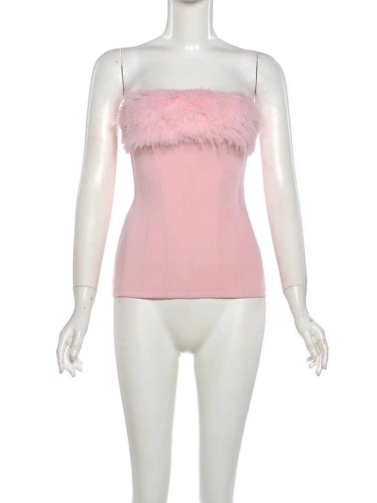 Nibber Patchwork Furry Strapless Tops Women Christmas Sexy Long Gloves Matching Birthday Party Luxury Classic Midnight Clubwear