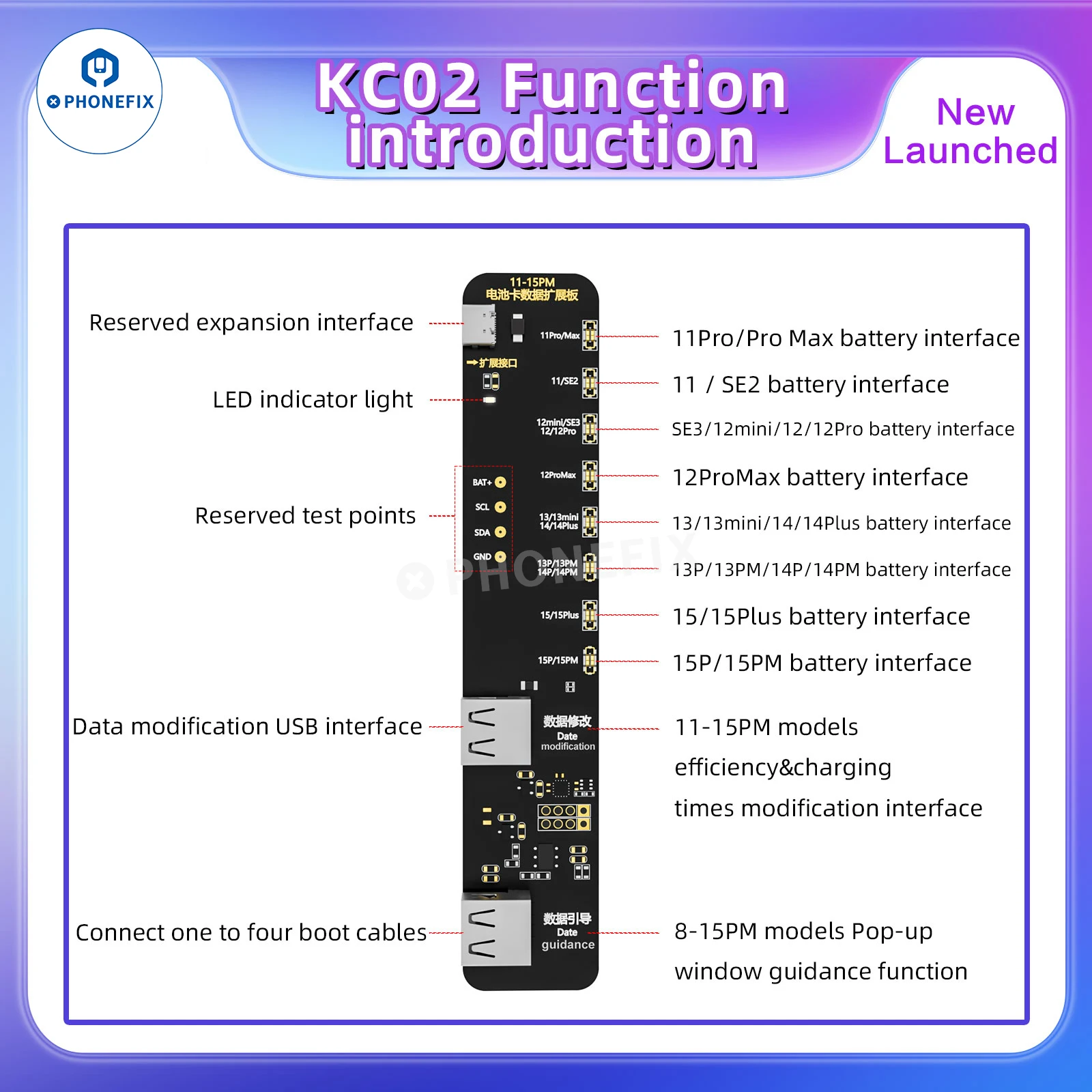 

Плата расширения I2C KC02 для восстановления данных о аккумуляторе для iPhone 11-15PM быстрое восстановление 100% КПД батареи для I6S KC03 KC01 Φ