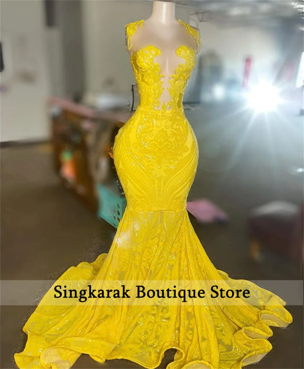 Luxury Yellow Mermaid Prom Dresses 2022 For Black Girls Sheer Neck