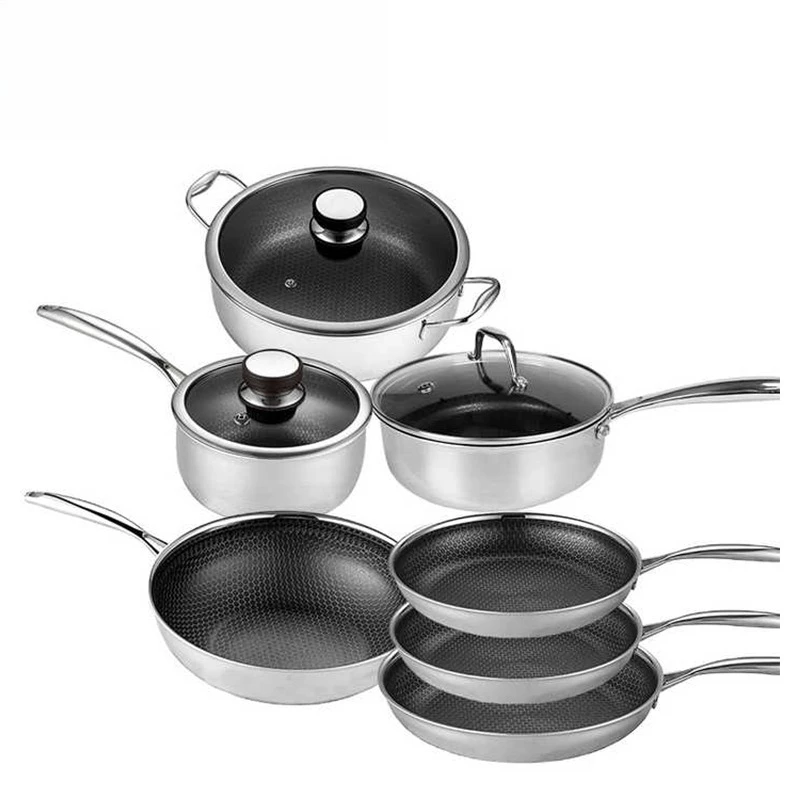 Hersteller Großhandel gemischtes Kochfeld-Set mit Deckel, Wok aus Edelstahl, 2,5 mm Küchenutensilien, 3-lagiges Waben-Antihaft-Wok-Set