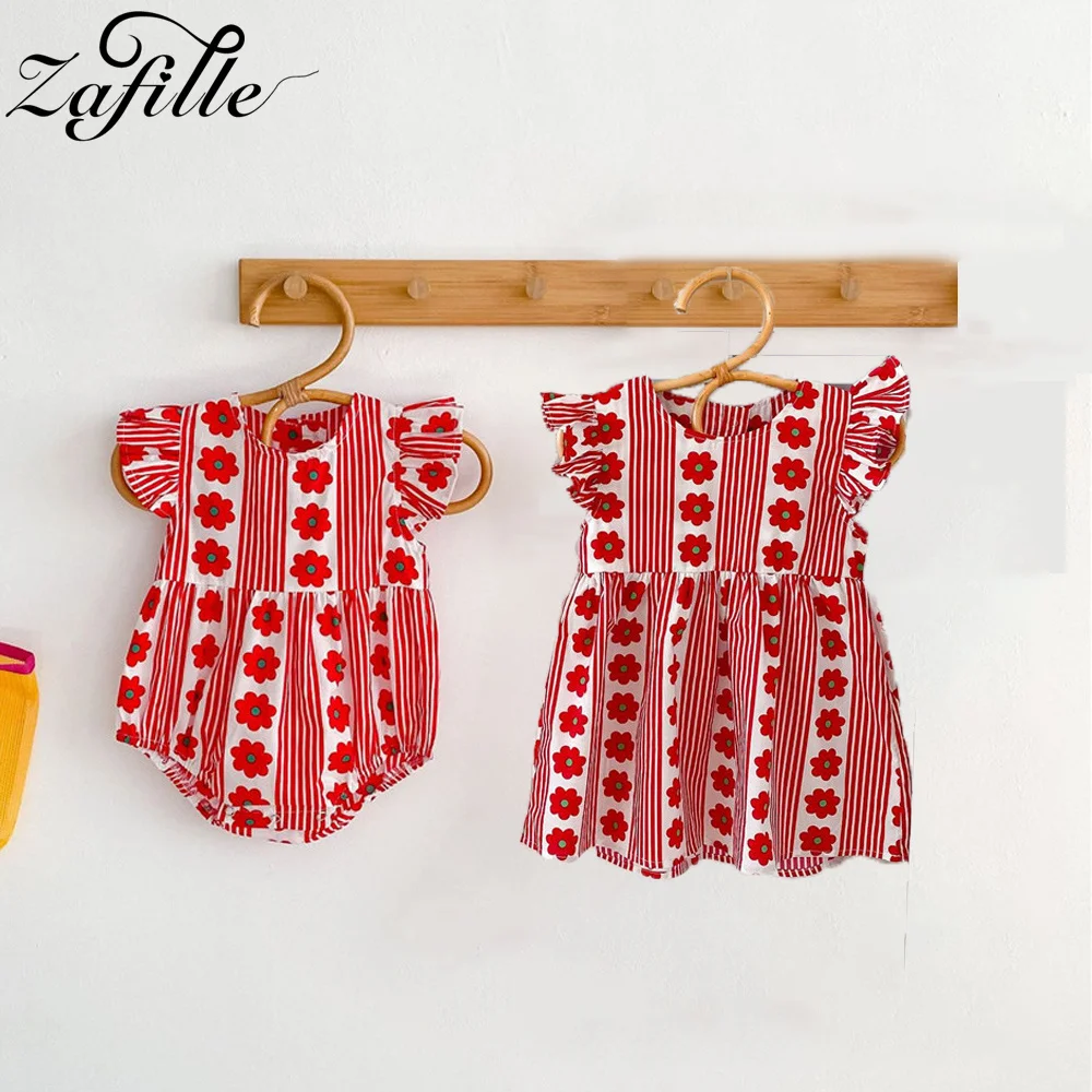 

ZAFILLE Striped Flowers Print Sister Matching Outfits Summer Kids Girls Clothing Flying Sleeve Newborn Bodysuit Girls Dresses