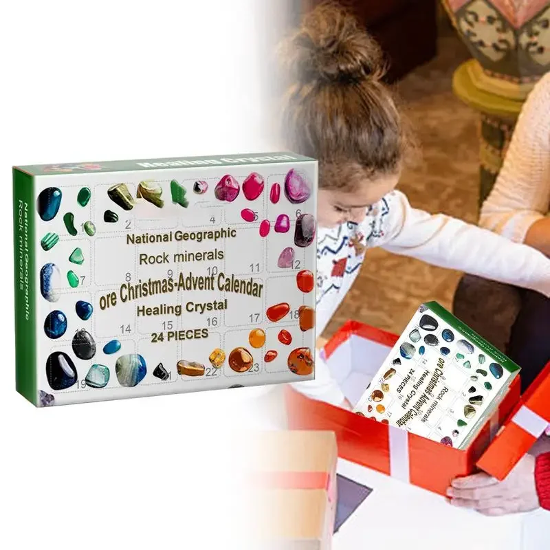 Stone Advent Calendar 24-Grid Natural Rock Mineral Crystal Collection 24 Day Christmas Countdown Calendars For Kid