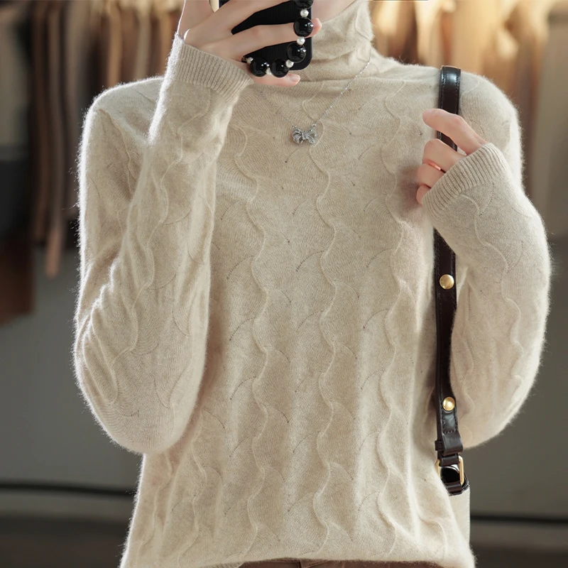 

Less is More Women Pure Sweaters Beige Camel Turtleneck Pullover Soft Warm Goat Wool Knitted Tops Cashmere Highneck Knitwear New