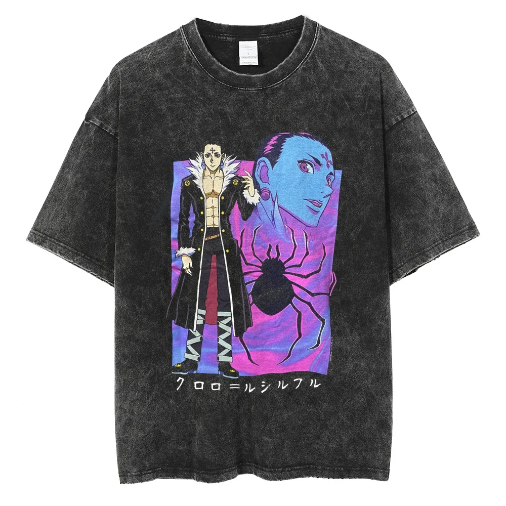 

Hip Hop Streetwear Oversize Washed Black T-Shirt Anime Hunter x Hunter Graphic T Shirt Men Short Sleeve Harajuku Cotton Tshirt