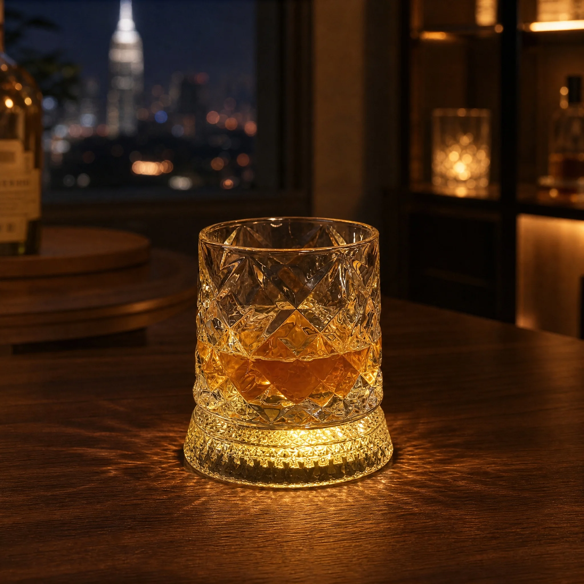 Rotating Whiskey Glass with LED Light Up Coaster,9 oz,Clear Glass 7