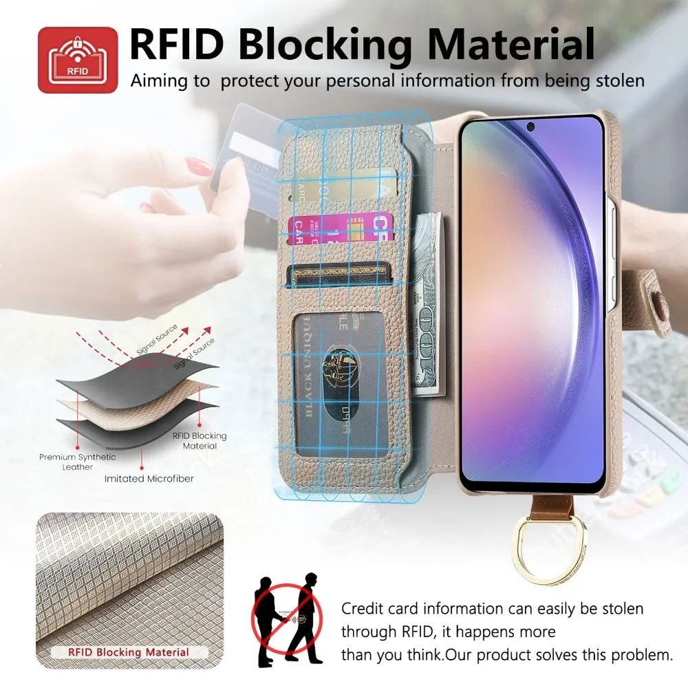 Card Holder Wallet Wrist Strap Ring Flip Phone Case