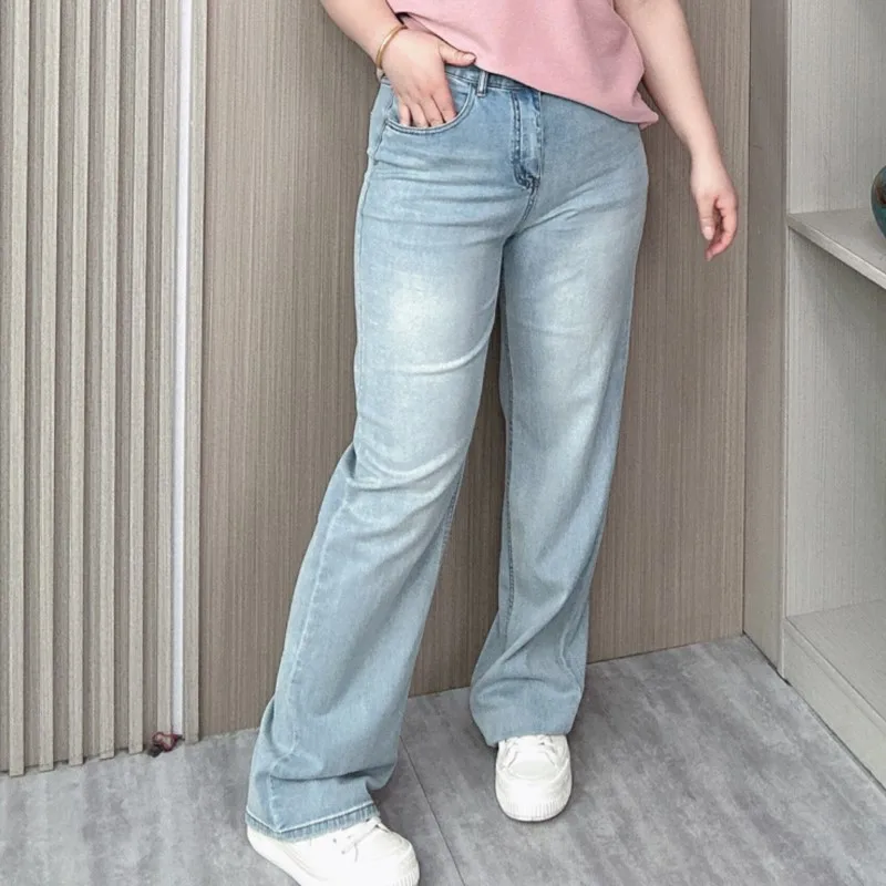 2024-spring-summer-new-straight-jeans-women-plus-size-basics-thin-elastic-leisure-loose-full-length-wide-leg-pants