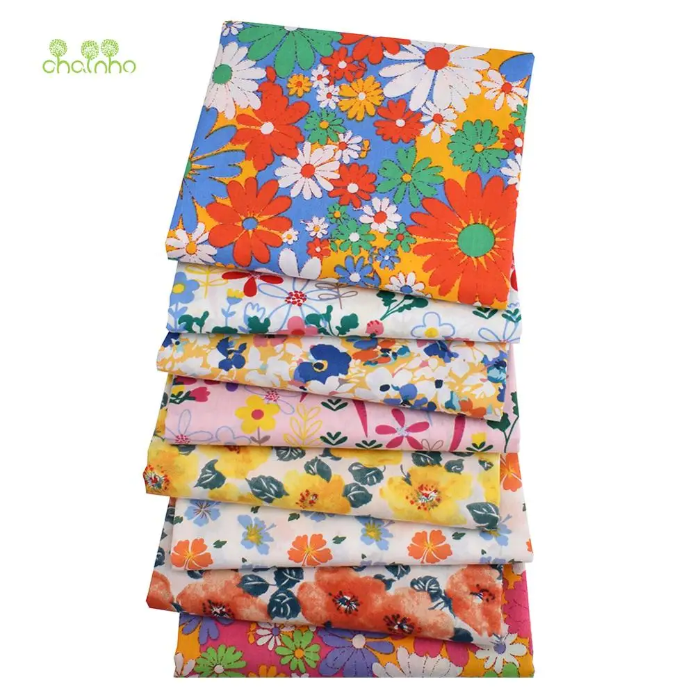 Chainho,Printed Plain Weave Poplin Cotton Fabric,DIY Quilting Sewing Material,Patchwork Cloth,Floral Series,3 Sizes,15PC10