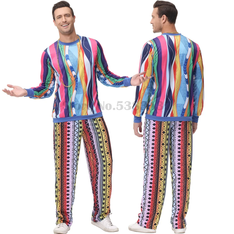 

Мужской костюм для косплея в стиле хиппи в стиле 60-х и 70-х годов, Пурим, Хэллоуин, карнавал, ранний костюм из топа и брюк в стиле хип-хоп, винтажный наряд для музыкального фестиваля, диско