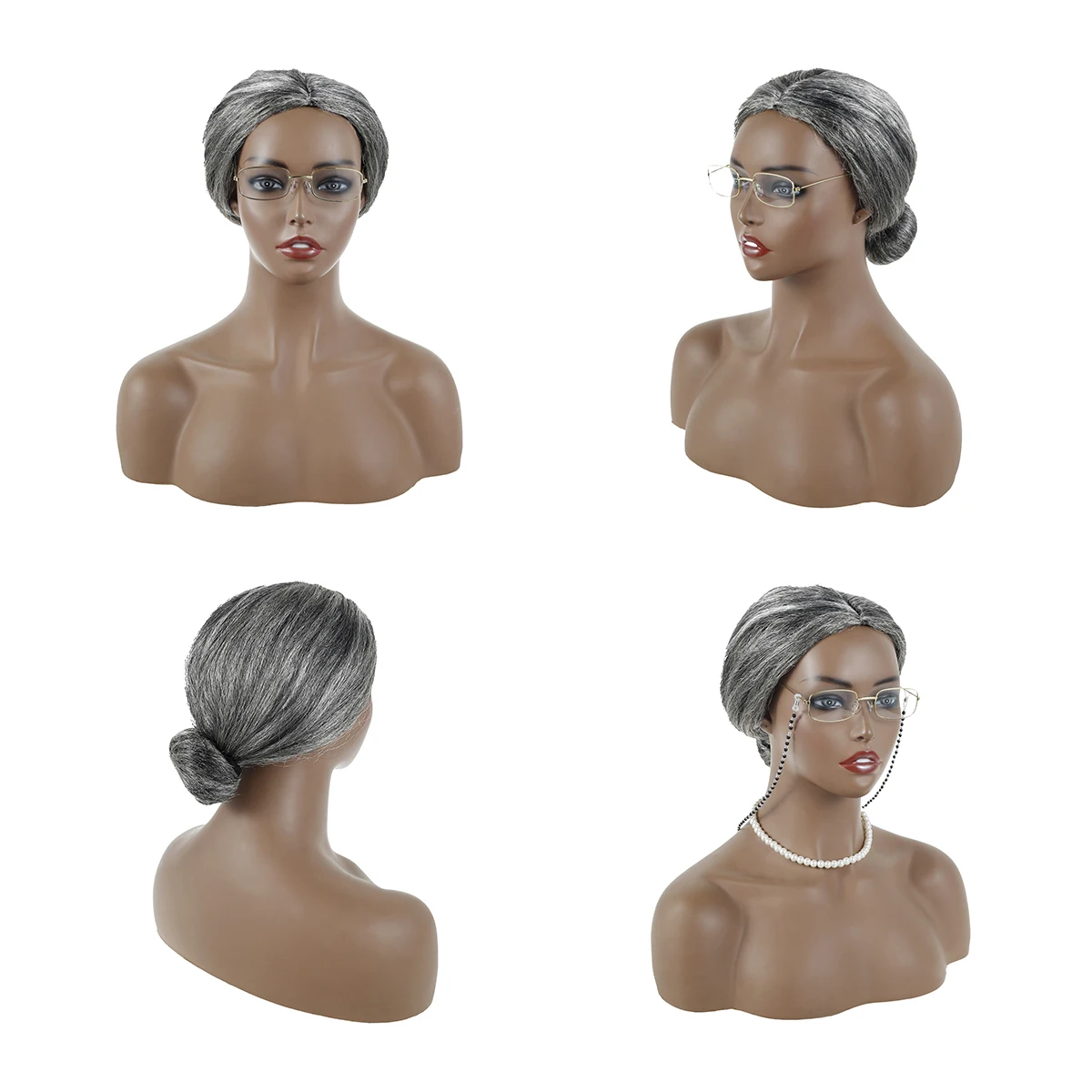 Gejoy 7 Stks Oude Dame Pruik Kostuum Set 100 Dagen van School Oma Grijs Haar Pruik Cap Bril Ketting Parel Kraal Ketting voor Cosplay, Zwart, M