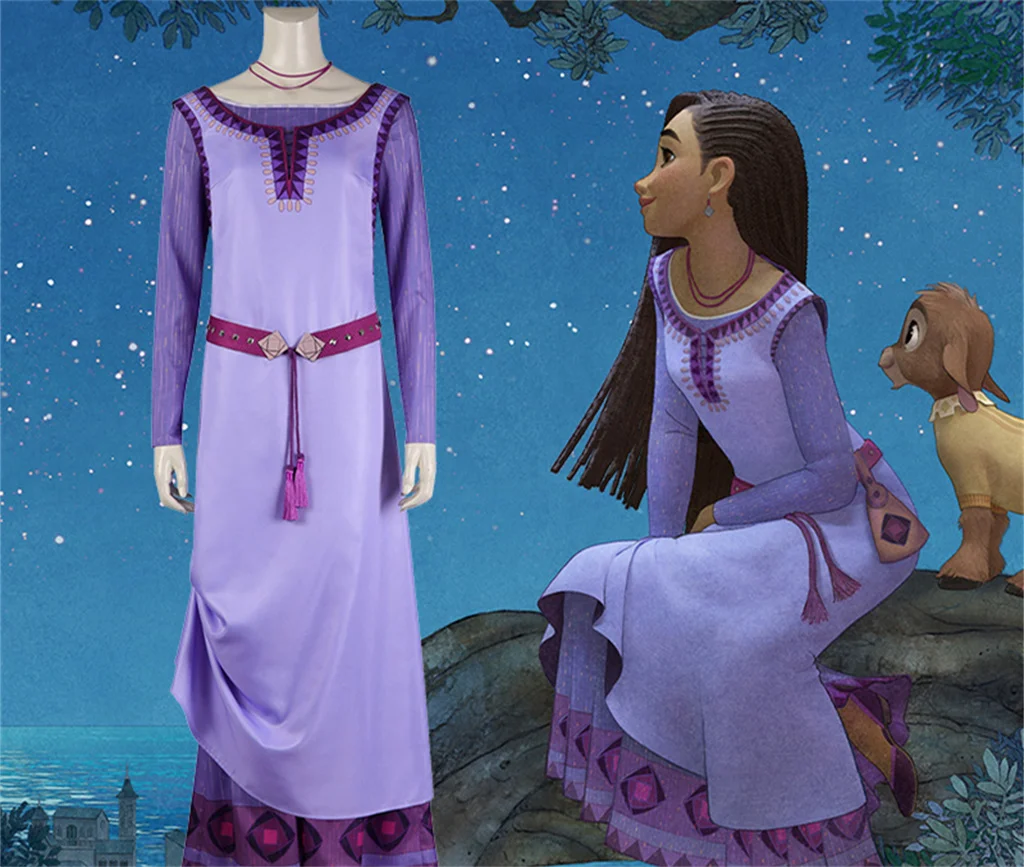 

New Movie Asha Princess Cosplay Costume Fancy Party Dress Purple Long Dress Cosplay Halloween Costume For Adult Women