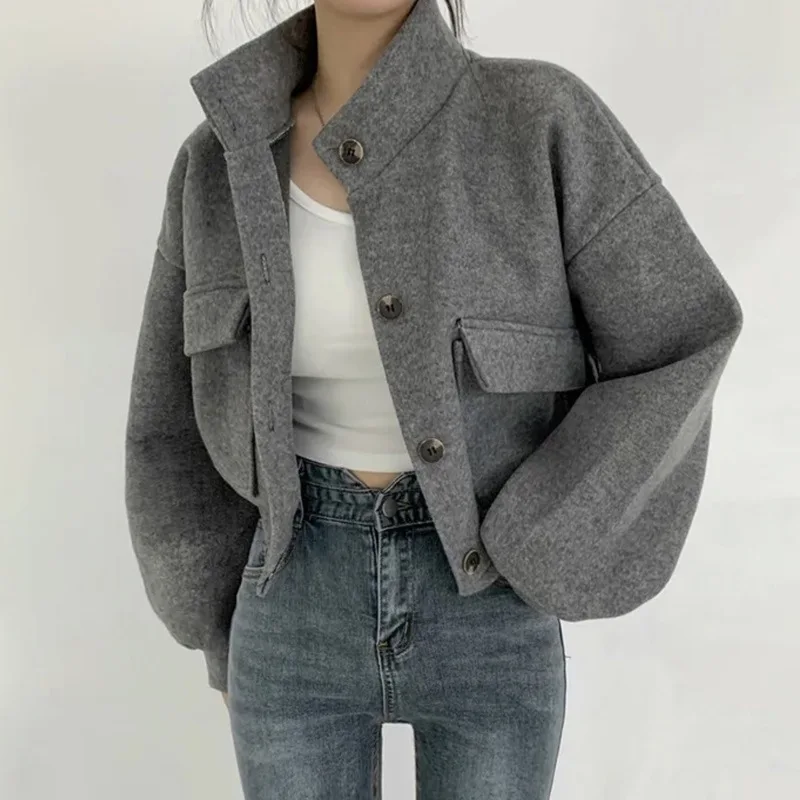 Crop Blends Women Wool Coat Casual Loose Gentle Pockets Simple Autumn Winter Streetwear Office Lady Fashion Cozy Пальто Женское - 5