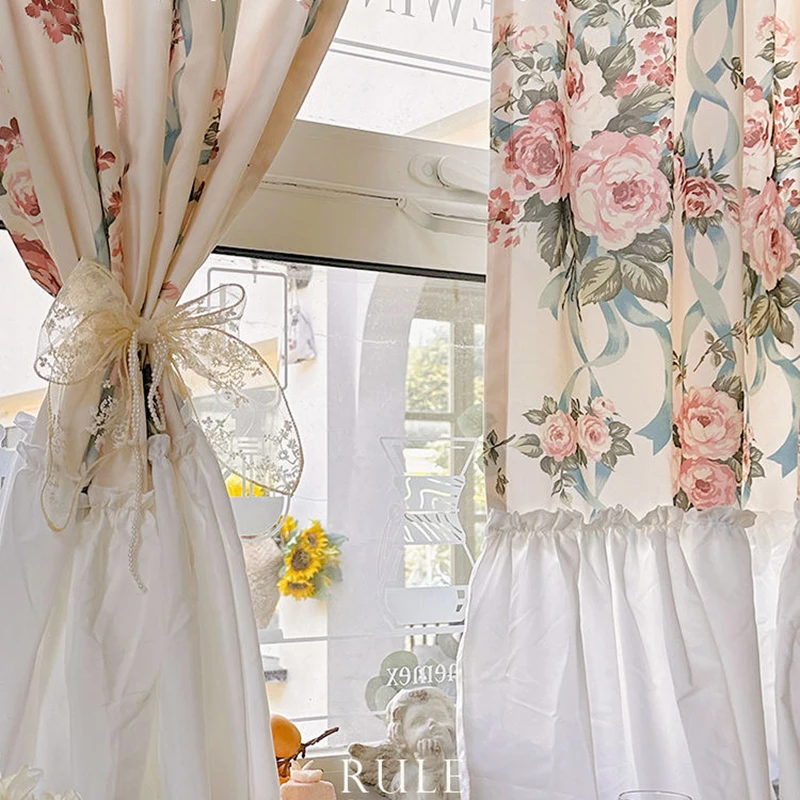 French Romantic Flowers Curtains Cloth For Living Room Lace Warp Ruffled Rose Tulle Curtains for Kitchen #A542 3