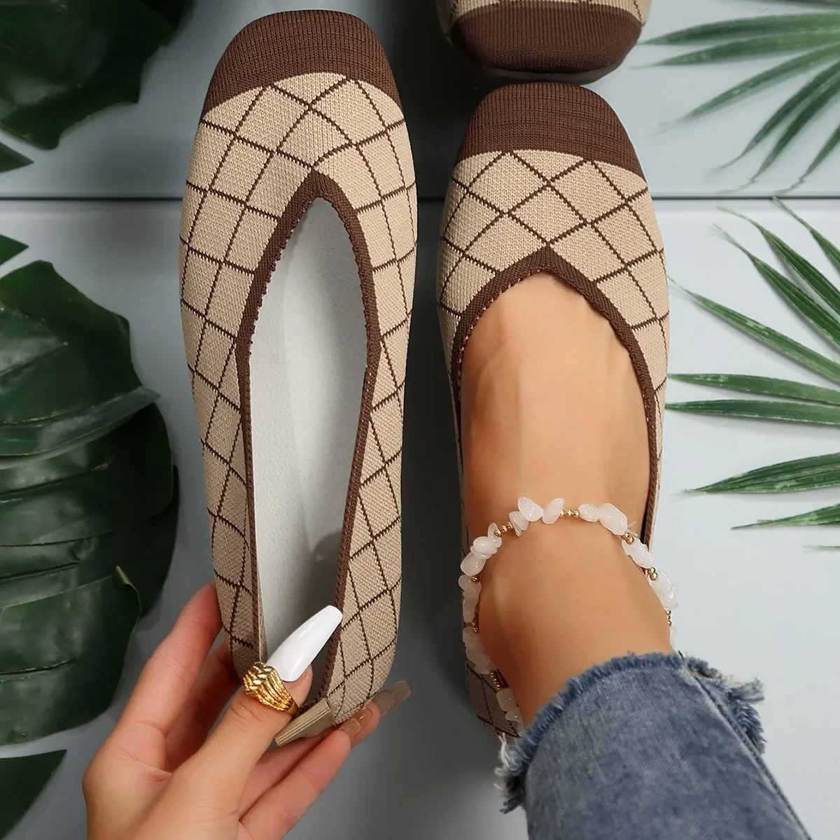 

Женские кроссовки на плоской подошве, однотонная вязаная обувь без шнуровки, Повседневные Дышащие балетки, женская дизайнерская обувь, лоферы, женские кроссовки