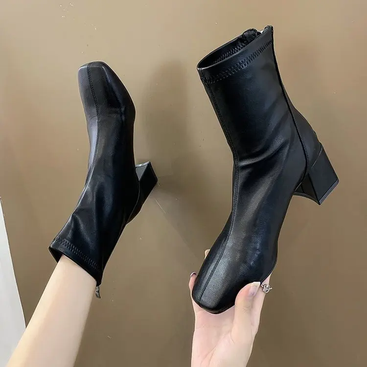 2024 New Winter Square Toe Woman Zippers Ankle Boots Ladies Elegant Thick High Heel Short Boots Shoes Women's Botas De Mujer