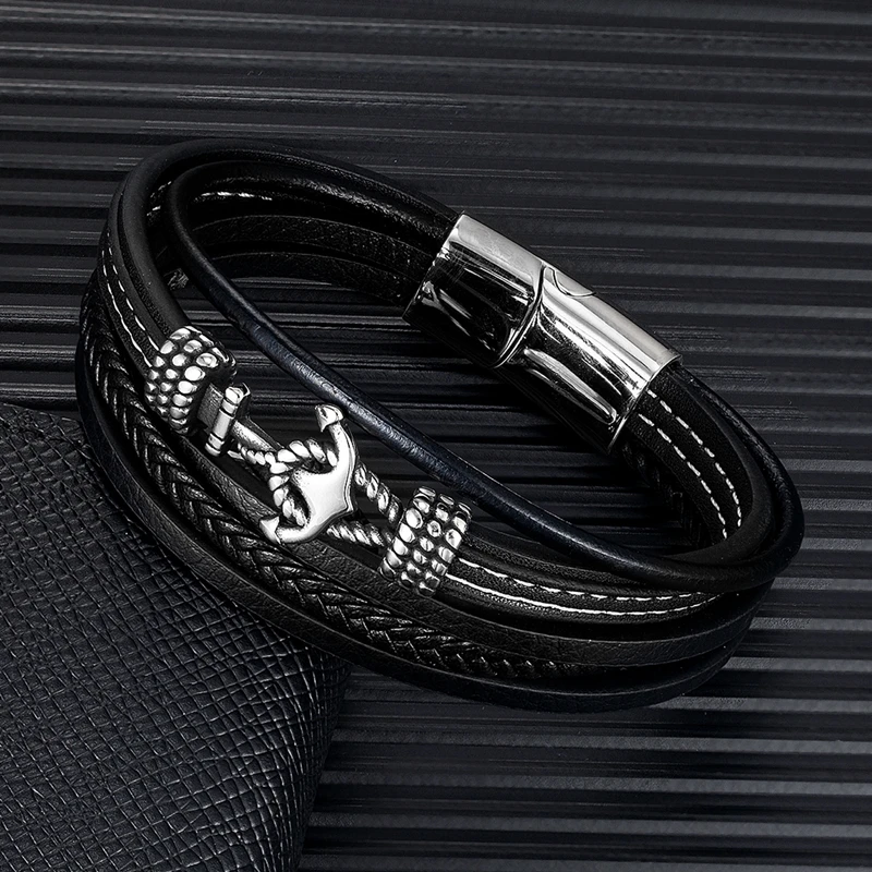 MKENDN Summer Navy Style Men Anchor Bracelet Handmade Woven Multilayer Leather Bracelets For Women Stainless Steel Sport Buckle