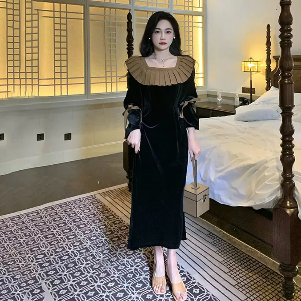 

Korean Pleated Velvet Trumpet Sleeve Dress Ladies 2022 Autumn French Vintage Party Black Elegant Long Dress Woman Vestidos Mujer