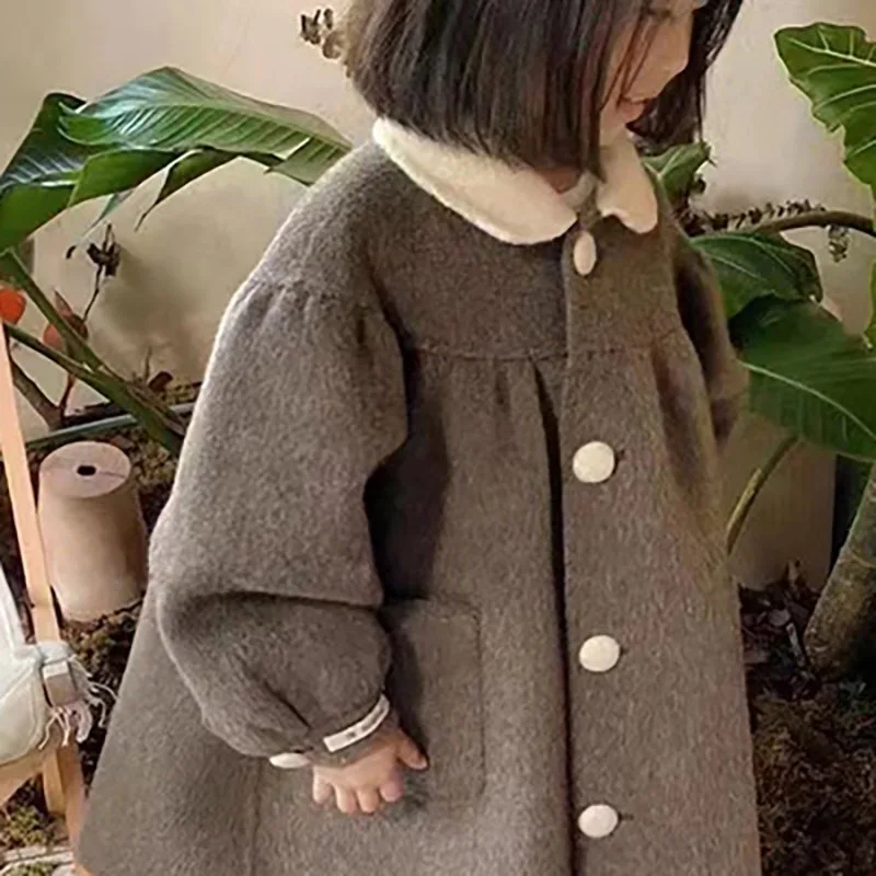 Baby Girls Trench Fashion Peter Pan Collar Woollen Coat Winter New Korean Style Children Coats Clothes