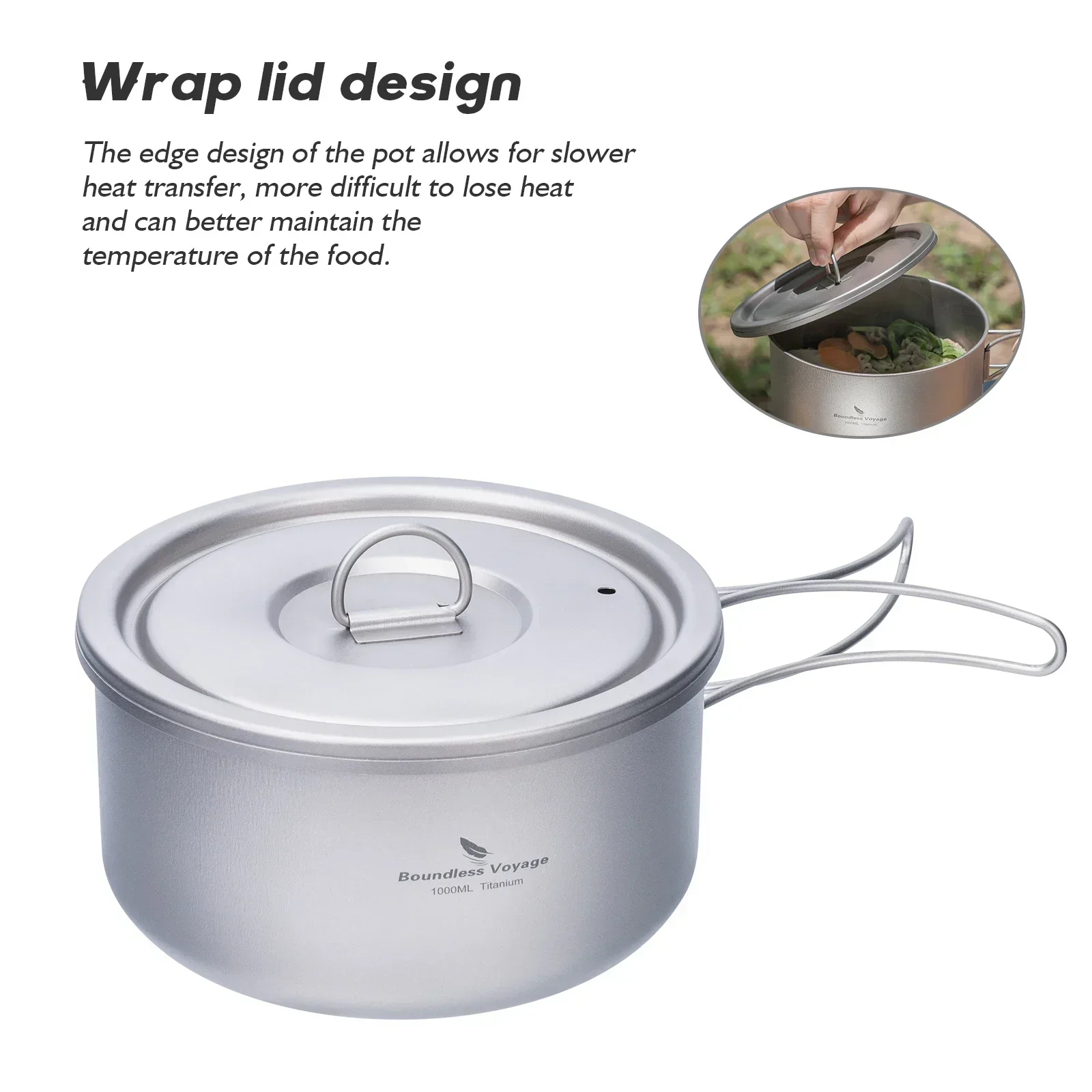 Boundless Voyage 1000ml Titanium Cooking Pot with Lid Single Layer Cookware Tableware for Soup Rice Kitchen Tool /Folding Handle
