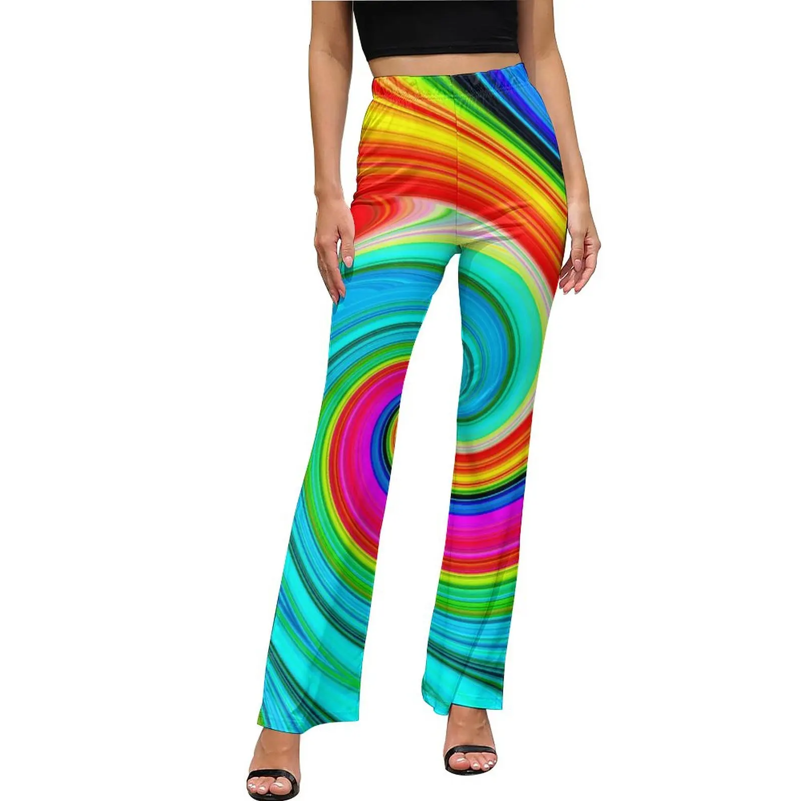 

Reteo Rainbow Pants Psychedelic Swirls Elastic High Waist Sexy Workout Flared Trousers Daily Graphic Streetwear Pants Gift