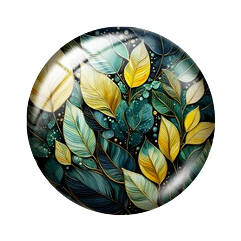 10pcs Watercolor Green Plants Round Glass Cabochons – Assorted Sizes