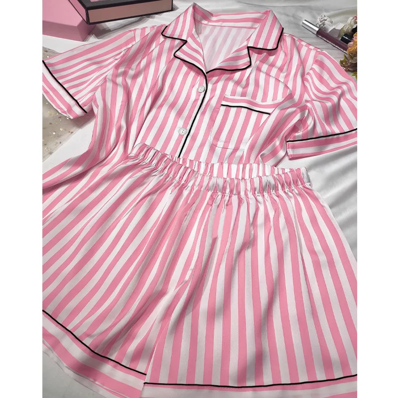 Women Pajamas Set Women Pajama Suit 2 PCS Women's Pajamas Set Sleepwear Summer Short Sleeve Tops and Shorts Faux Silk Satin Soft Striped Printing