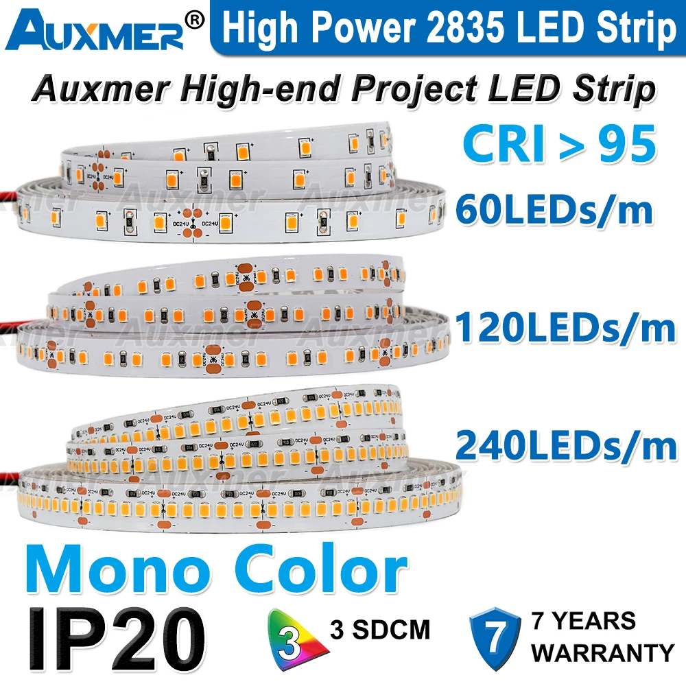 High Power 2835 LED Strip Lights 60 120 240LEDs/m CRI90/95 IP20 DC12V/24V Flexible Tape Ribbon Dimmable LED 5m/Reel 16.4ft