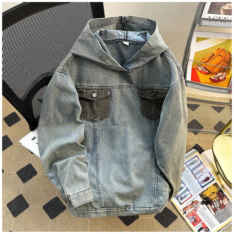 Spring Autumn Denim Hoodie Splicing with Pockets Men's Sweatshirts American Casual Fashion Loose Jean Male Pullover Top
