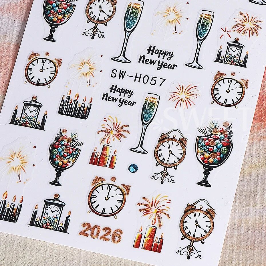 2pcs Christmas Nail Stickers Glitter Gold Fireworks Champagne 2026 Clock Design Bow New Year Nail Sliders Decals Manicure Decor