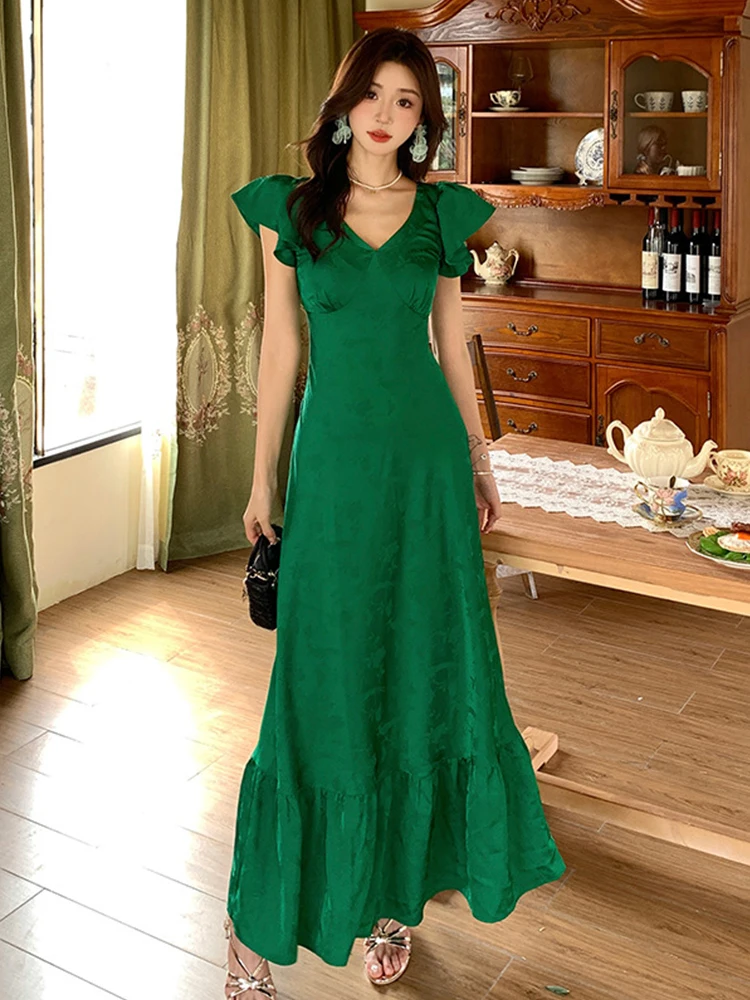 

Summer Elegant Vacation Holiday A-Line Long Dress Women Clothes Mujer Elegant Ruffle Short Sleeve Slim Maxi Robe Party Vestidos