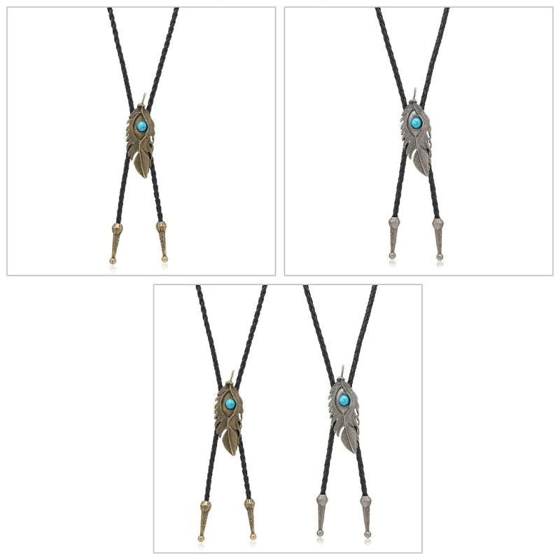 

Blue Stone Metal Feathers Cowboy Hat Bolo Tie VintageWestern Punk Faux Leather Rope Necktie Jewelry Shirt Chain Necklace