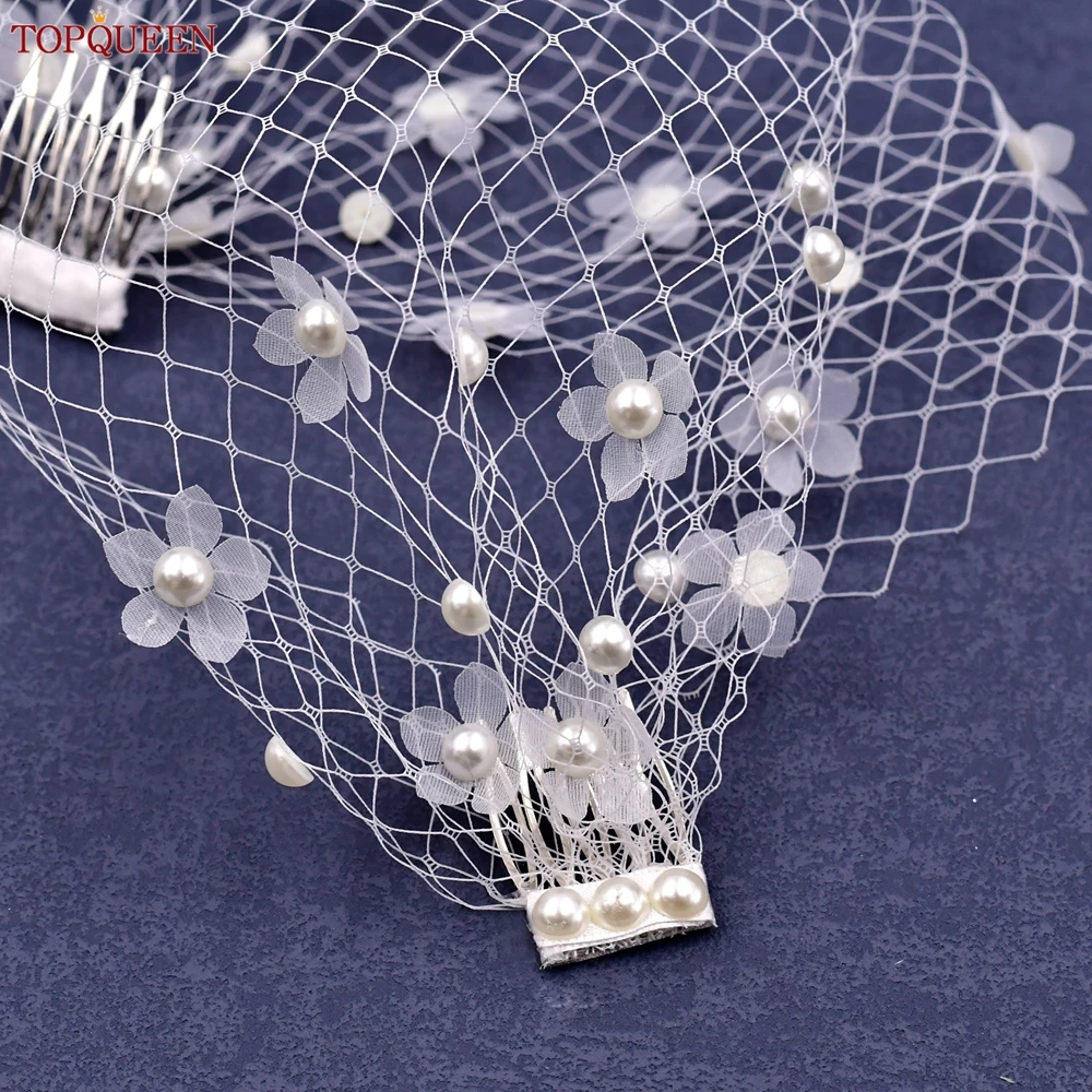 TOPQUEEN VA15 Mini Bridal Veils Blusher Veil Wedding Birdcage Veil with Pearls on the Two Combs Bachelorette Party Accessories