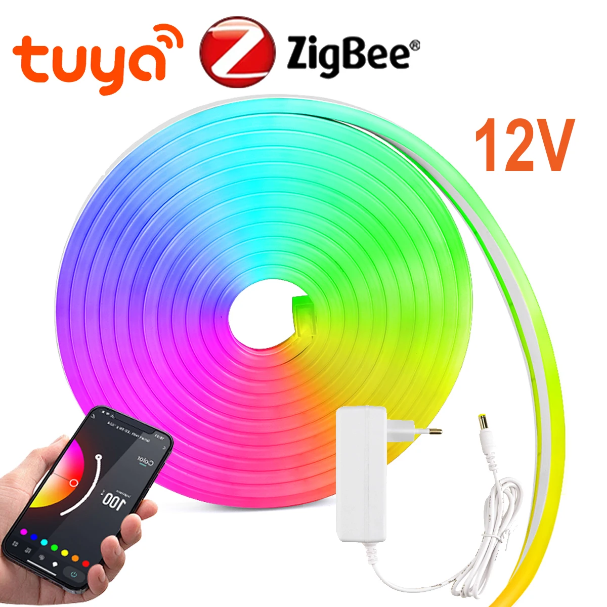 DC12V 1M 2M 3M 4M 5M RGB Neon LED Strip Ligts with Zigbee 3.0 Smart Wifi Controller Tuya Switch Home Decoration Silica Gel -EU
