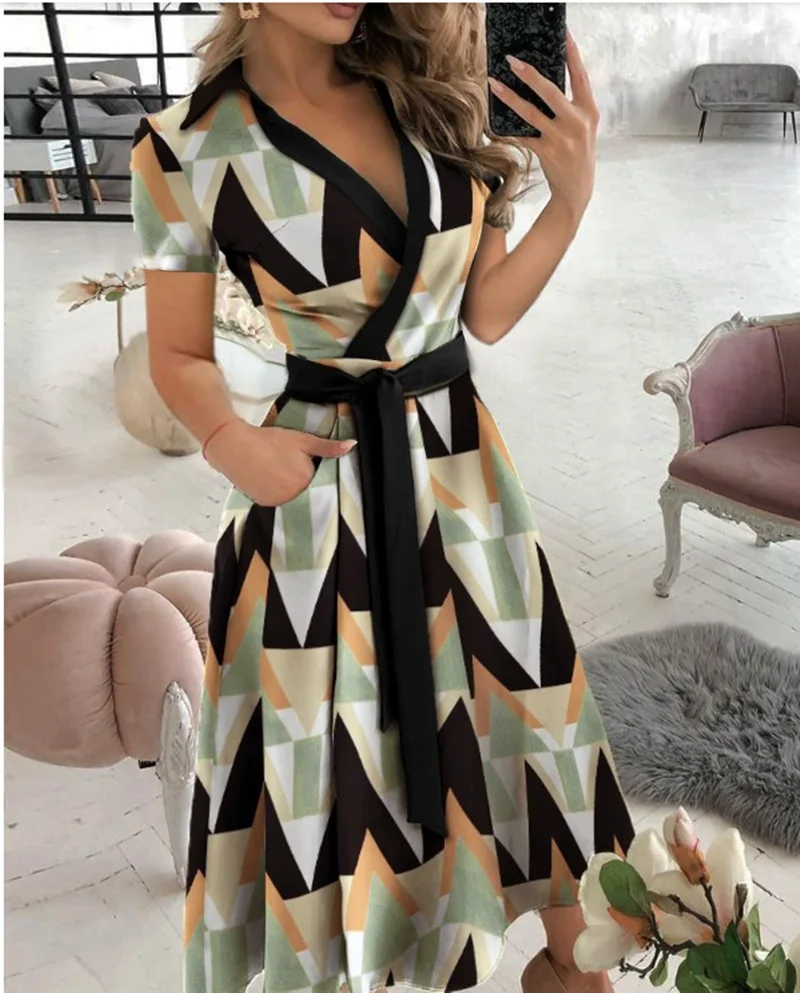 

Spring And Summer New Solid Black Women Fashion Short Sleeved V-neck Print Bag Buttock Dress Women's Belt Long Dresses