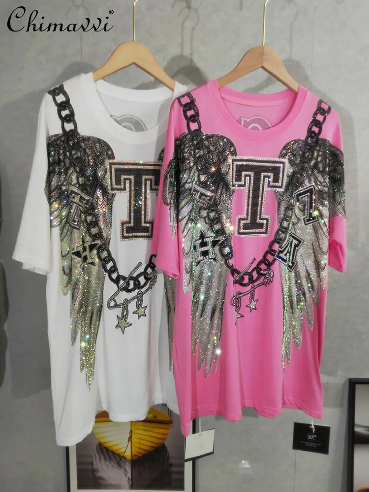 

Trendy Brand Wings Letter Rhinestone Short-Sleeved T-shirt for Women 2023 Summer New All-Match Round Neck Pullover White Top