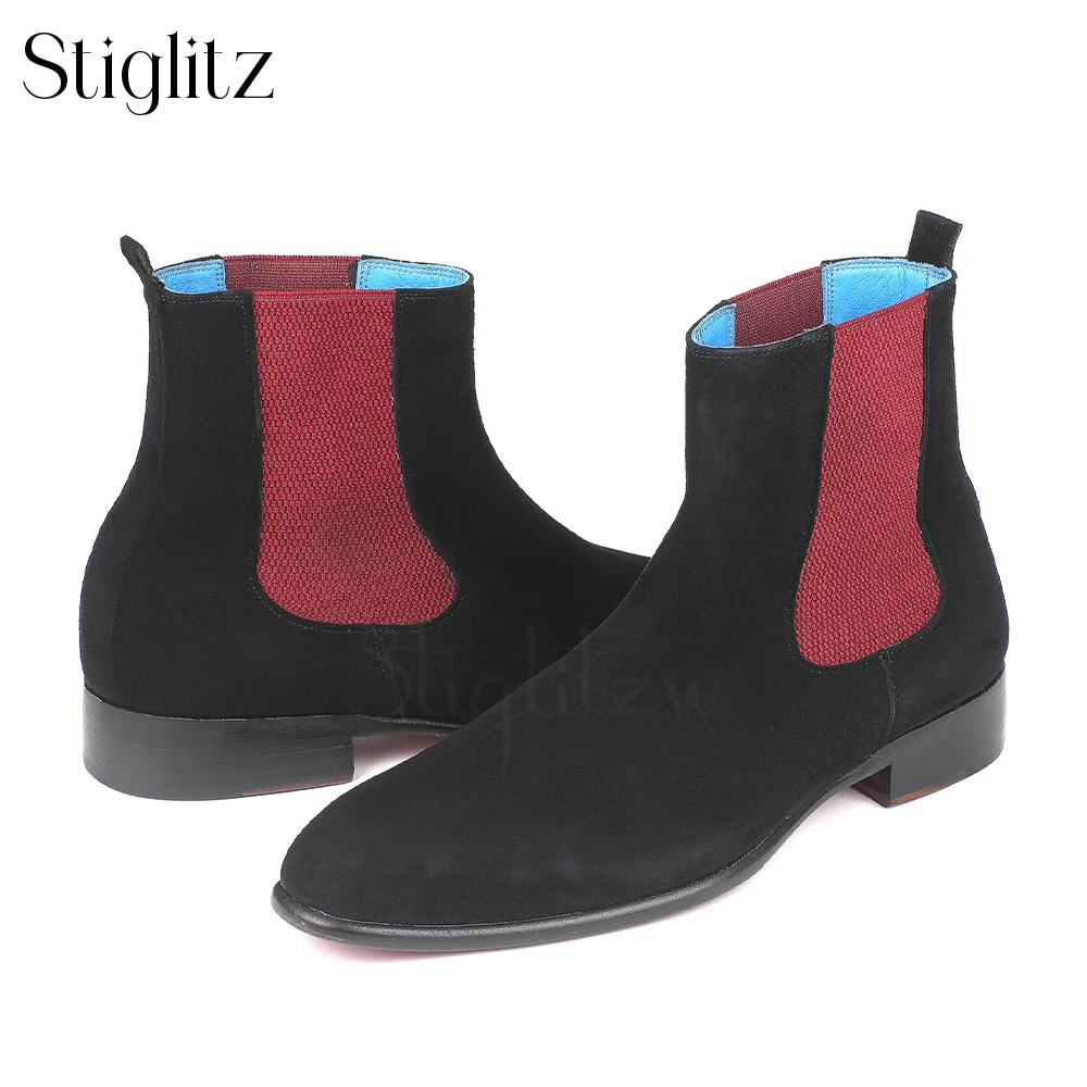 

Black Suede Stretch Strap Ankle Boots Almond Toe Color Block Men Booties High Quality Designer Style Wedding Party Shoes for Men