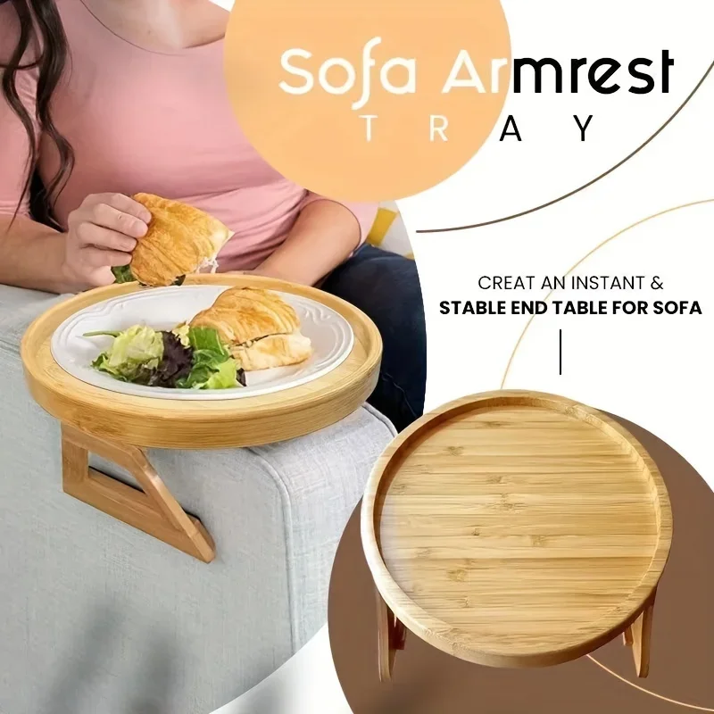 Sofa Armrest Tray Table Foldable Hardwood Bamboo Side Table Automatic Fixing Small Spaces Sofa Side Table