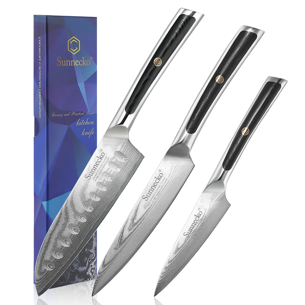 

Sunnecko 3PCS Kitchen Knives Set 73 Layers VG10 Damascus Steel Vegetable Fruit Cutting Knife Ultra Sharp Small Chef's Knife