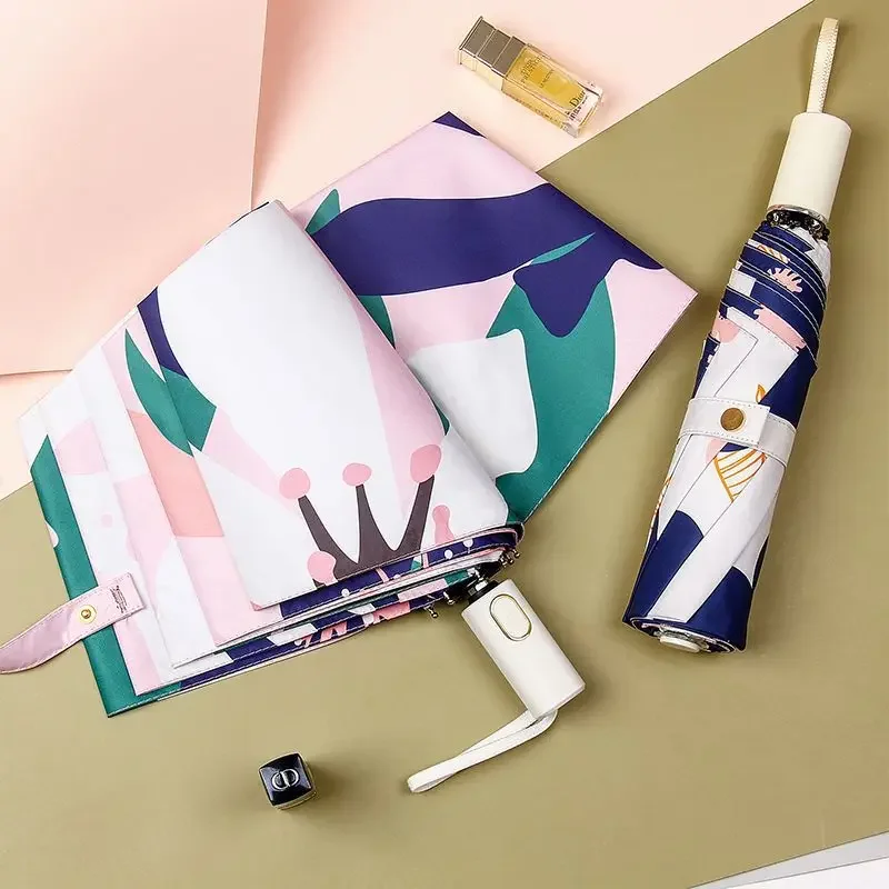 Creative Fully Automatic Parasol with Three Folding, Nordic Illustrator, Anti-UV Sun Umbrella, Sunny and Rain, Home Items, 1Pc